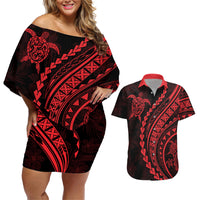 Polynesian Pride Couples Matching Off Shoulder Short Dress and Hawaiian Shirt Turtle Hibiscus Luxury Style - Rose LT7 - Wonder Print Shop