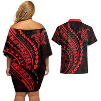 Polynesian Pride Couples Matching Off Shoulder Short Dress and Hawaiian Shirt Turtle Hibiscus Luxury Style - Rose LT7 - Wonder Print Shop