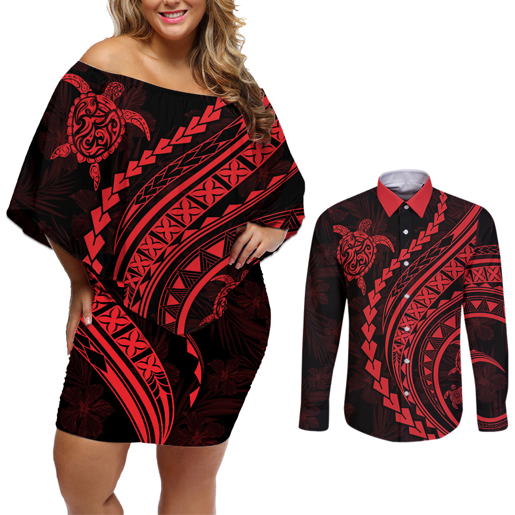 Polynesian Pride Couples Matching Off Shoulder Short Dress and Long Sleeve Button Shirts Turtle Hibiscus Luxury Style - Rose LT7 - Wonder Print Shop