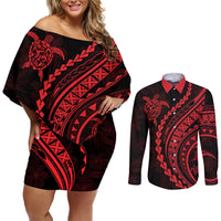 Polynesian Pride Couples Matching Off Shoulder Short Dress and Long Sleeve Button Shirts Turtle Hibiscus Luxury Style - Rose LT7 - Wonder Print Shop