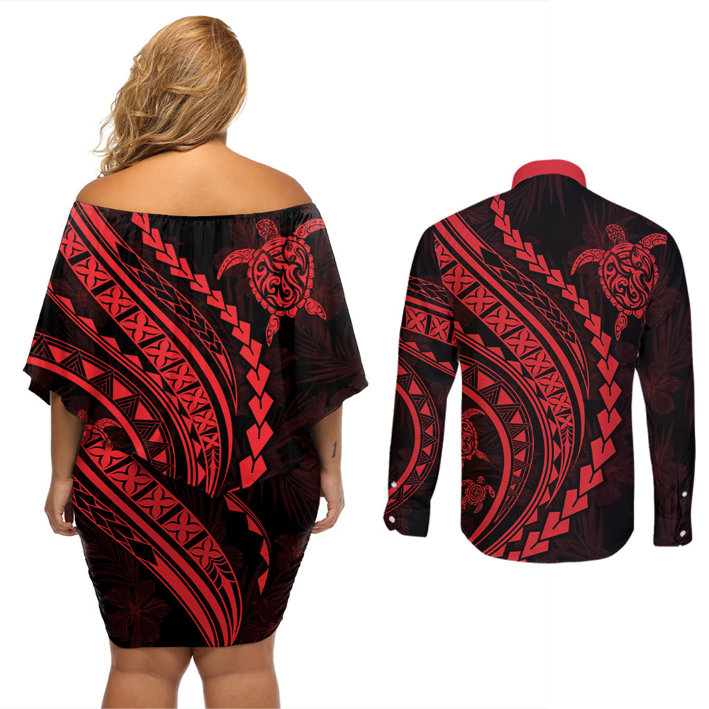 Polynesian Pride Couples Matching Off Shoulder Short Dress and Long Sleeve Button Shirts Turtle Hibiscus Luxury Style - Rose LT7 - Wonder Print Shop