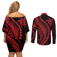 Polynesian Pride Couples Matching Off Shoulder Short Dress and Long Sleeve Button Shirts Turtle Hibiscus Luxury Style - Rose LT7 - Wonder Print Shop