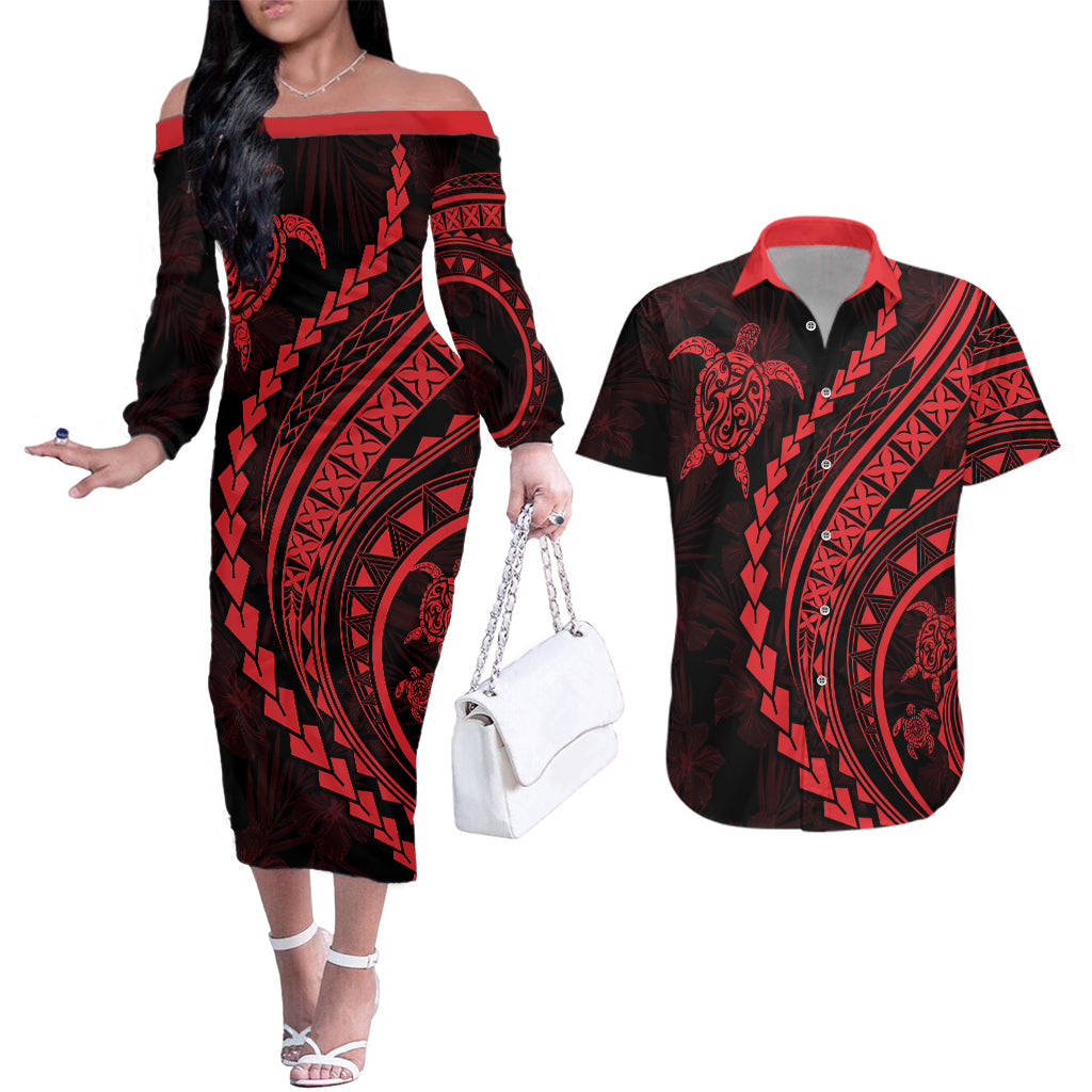 Polynesian Pride Couples Matching Off The Shoulder Long Sleeve Dress and Hawaiian Shirt Turtle Hibiscus Luxury Style - Rose LT7 - Wonder Print Shop
