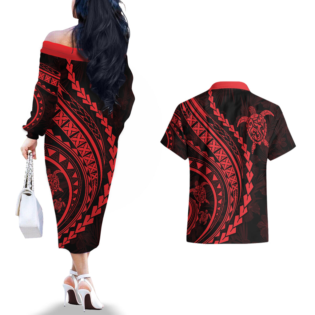Polynesian Pride Couples Matching Off The Shoulder Long Sleeve Dress and Hawaiian Shirt Turtle Hibiscus Luxury Style - Rose LT7 - Wonder Print Shop