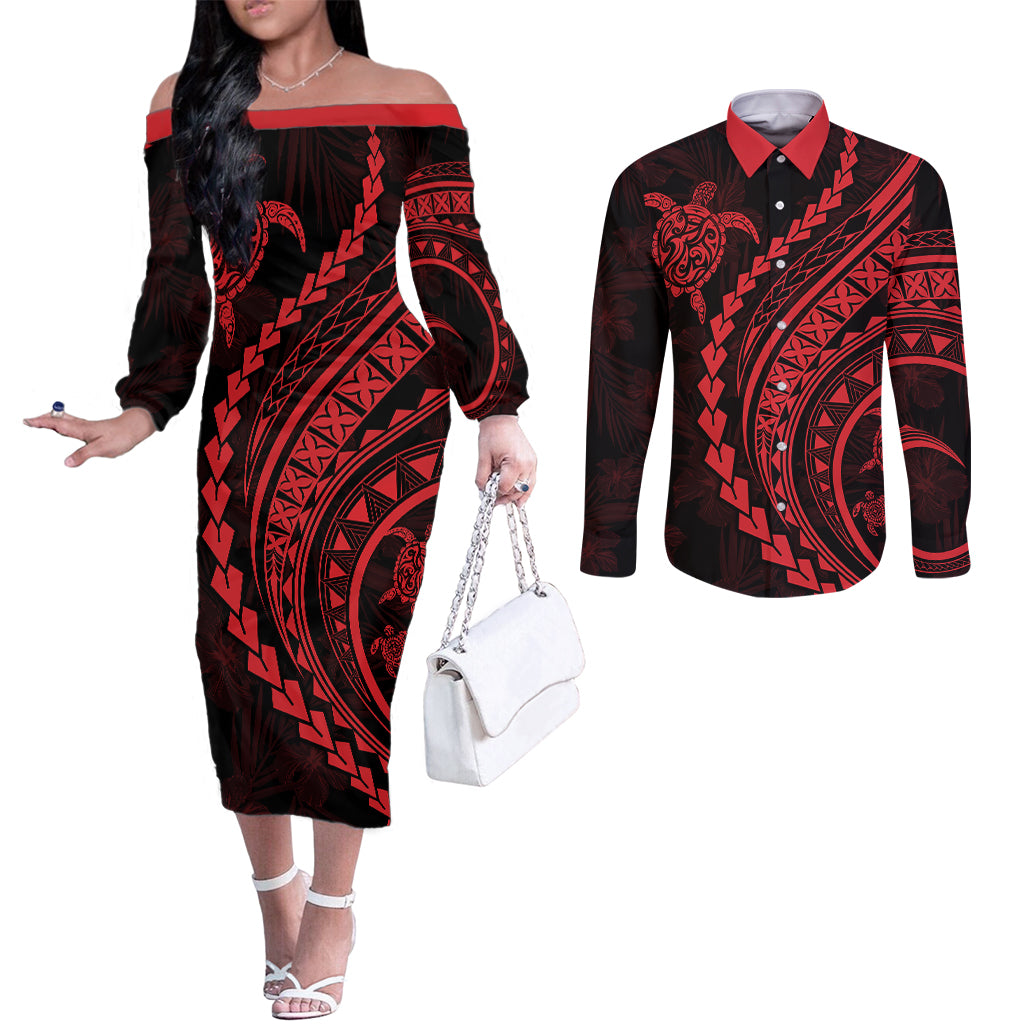polynesian-pride-couples-matching-off-the-shoulder-long-sleeve-dress-and-long-sleeve-button-shirts-turtle-hibiscus-luxury-style-rose
