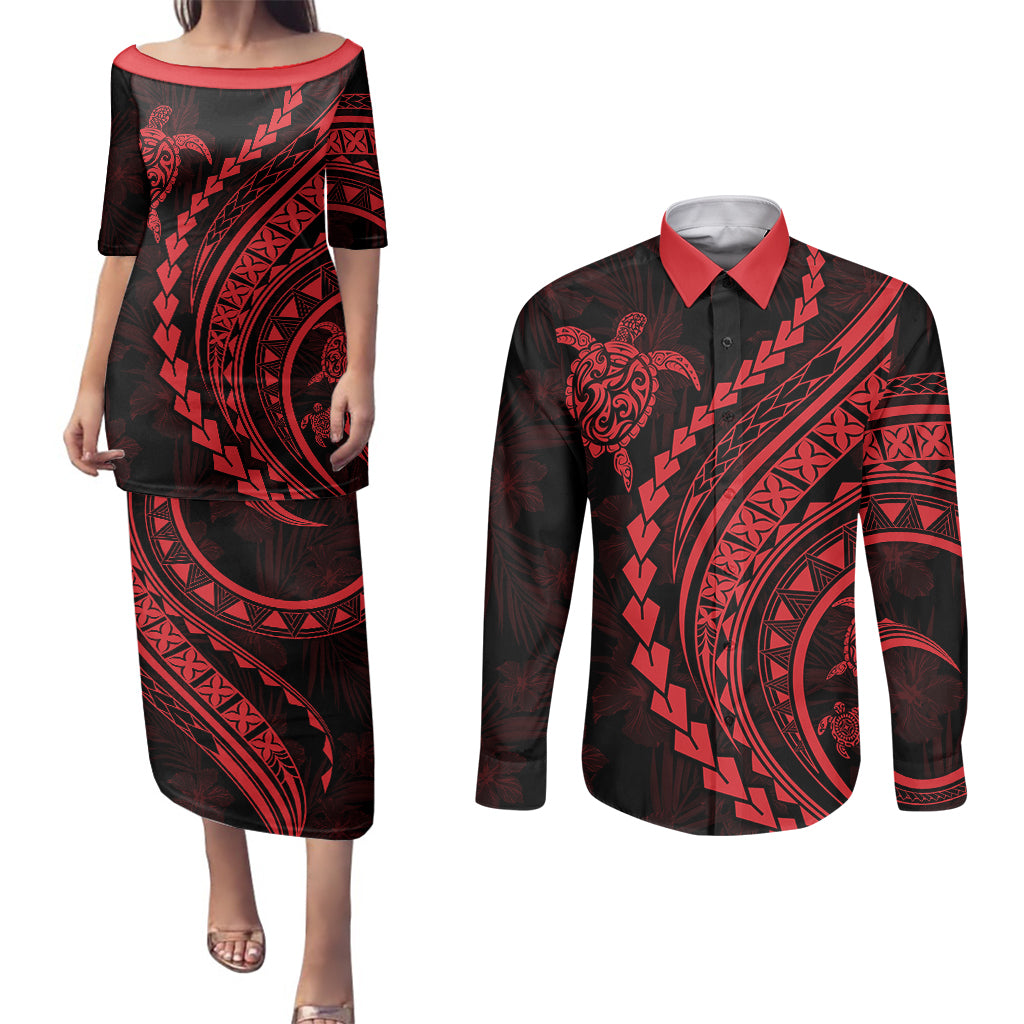 Polynesian Pride Couples Matching Puletasi Dress and Long Sleeve Button Shirts Turtle Hibiscus Luxury Style - Rose LT7 - Wonder Print Shop