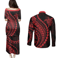 Polynesian Pride Couples Matching Puletasi Dress and Long Sleeve Button Shirts Turtle Hibiscus Luxury Style - Rose LT7 - Wonder Print Shop