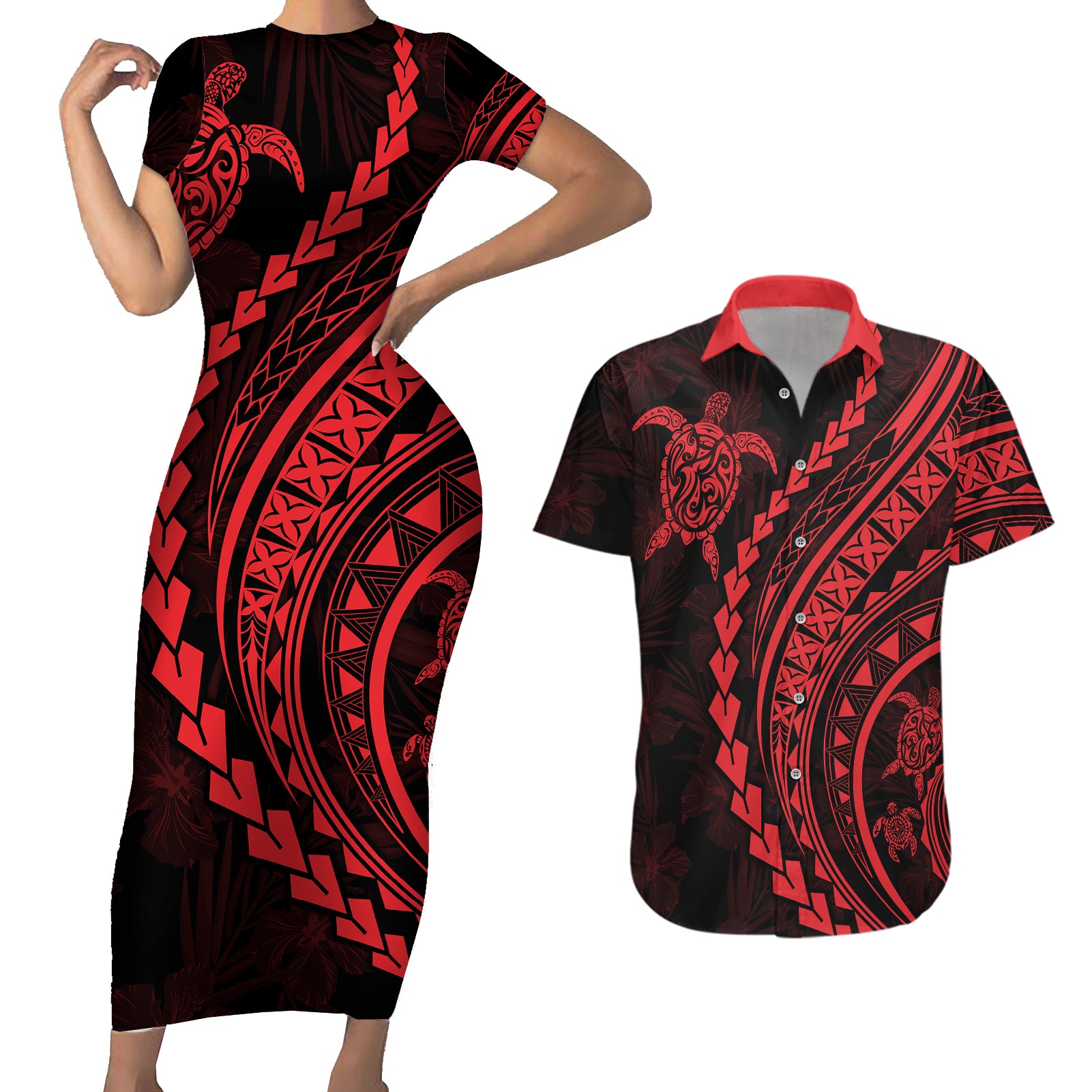 Polynesian Pride Couples Matching Short Sleeve Bodycon Dress and Hawaiian Shirt Turtle Hibiscus Luxury Style - Rose LT7 - Wonder Print Shop