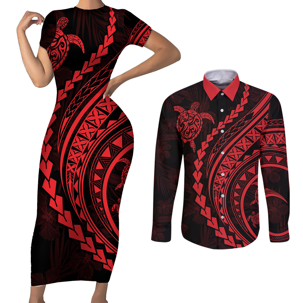 Polynesian Pride Couples Matching Short Sleeve Bodycon Dress and Long Sleeve Button Shirts Turtle Hibiscus Luxury Style - Rose LT7 - Wonder Print Shop