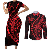 Polynesian Pride Couples Matching Short Sleeve Bodycon Dress and Long Sleeve Button Shirts Turtle Hibiscus Luxury Style - Rose LT7 - Wonder Print Shop