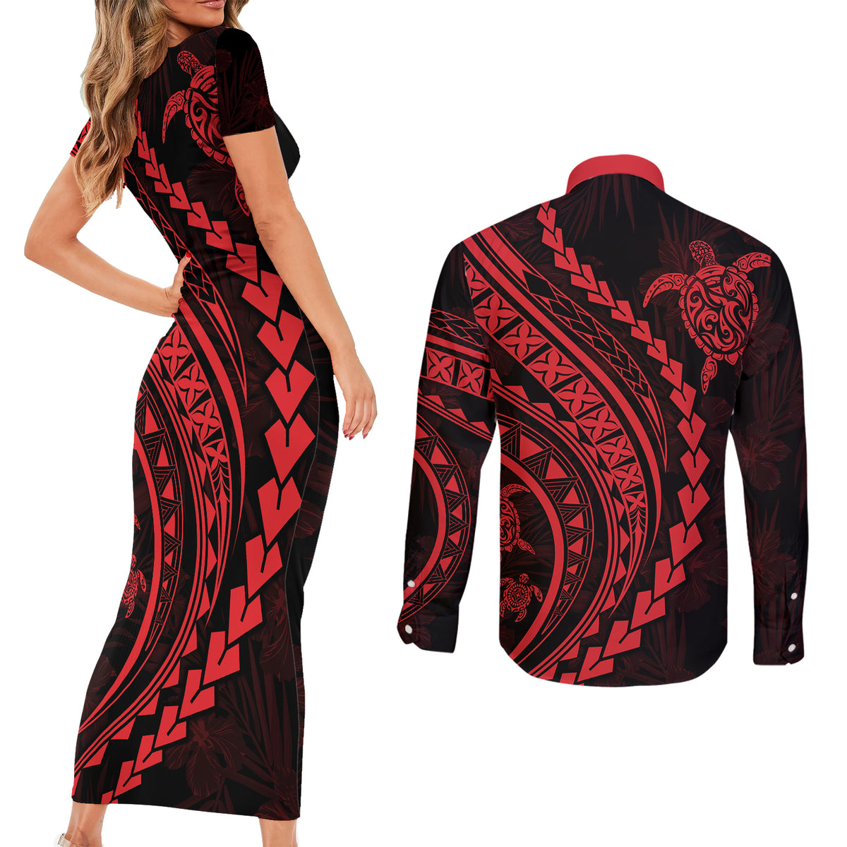 Polynesian Pride Couples Matching Short Sleeve Bodycon Dress and Long Sleeve Button Shirts Turtle Hibiscus Luxury Style - Rose LT7 - Wonder Print Shop