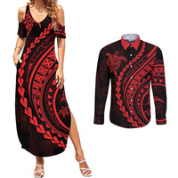 Polynesian Pride Couples Matching Summer Maxi Dress and Long Sleeve Button Shirts Turtle Hibiscus Luxury Style - Rose LT7 - Wonder Print Shop