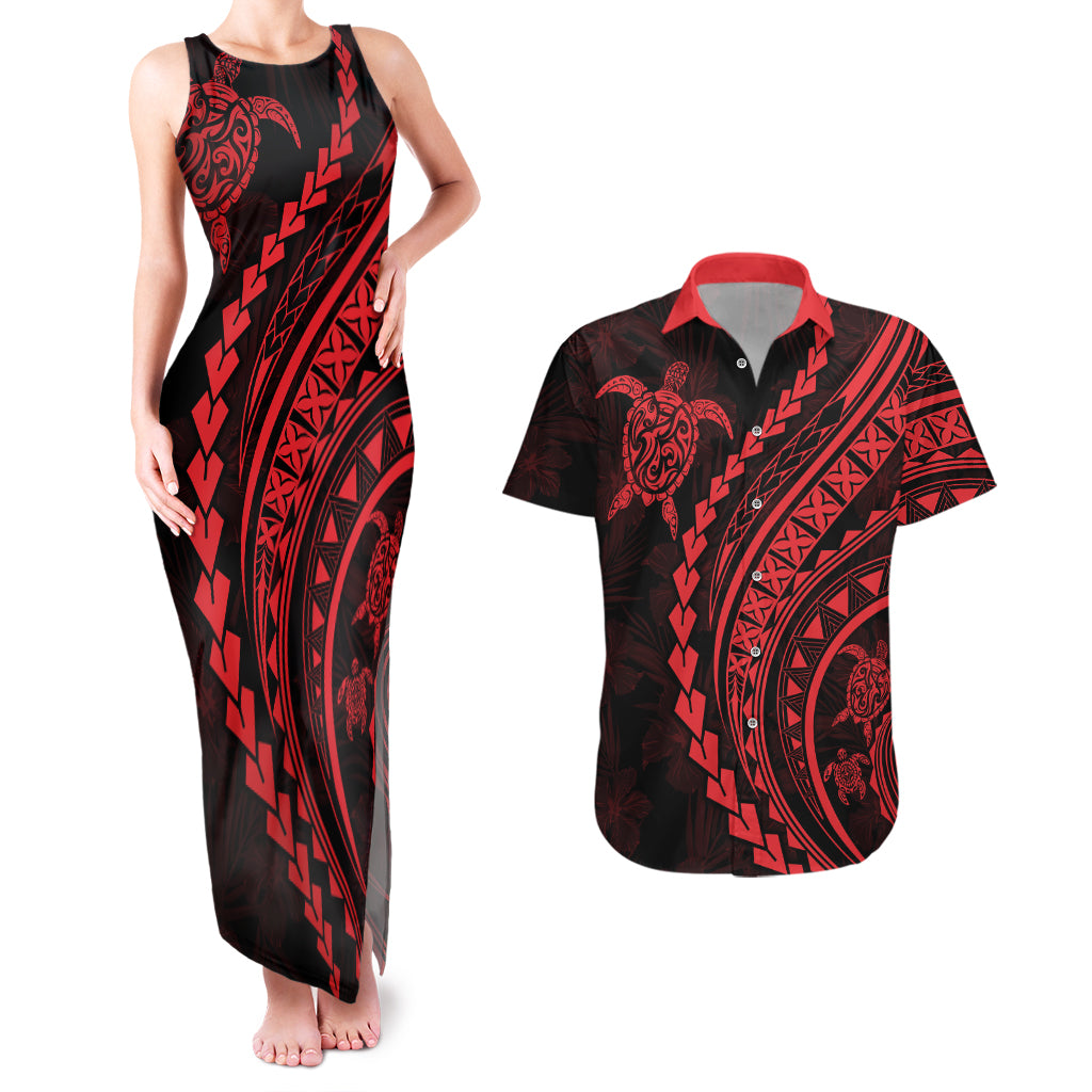 Polynesian Pride Couples Matching Tank Maxi Dress and Hawaiian Shirt Turtle Hibiscus Luxury Style - Rose LT7 - Wonder Print Shop