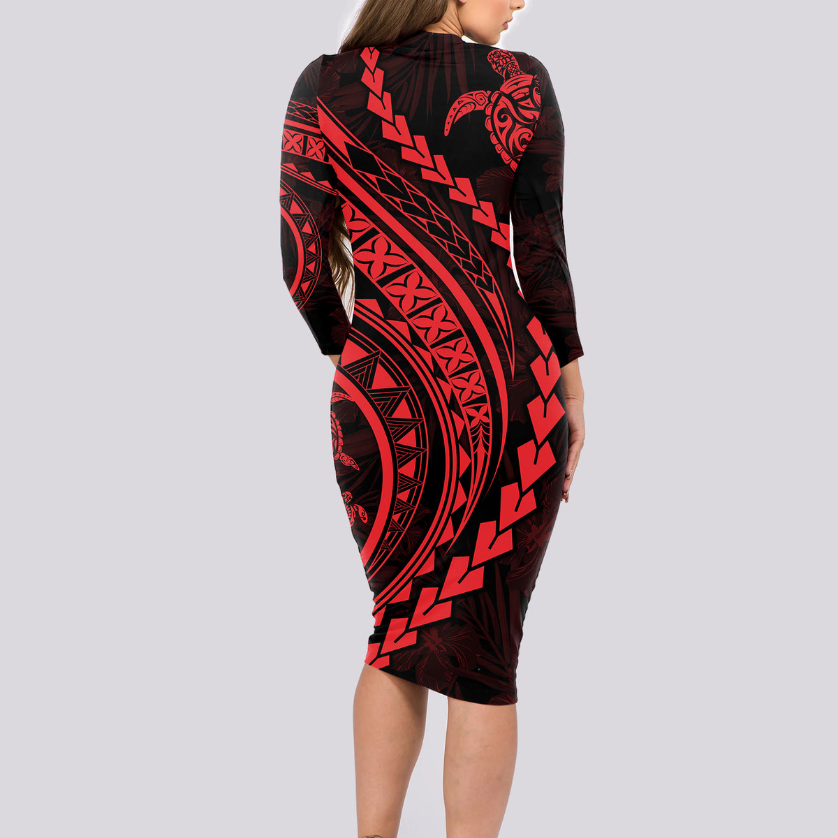 Polynesian Pride Long Sleeve Bodycon Dress Turtle Hibiscus Luxury Style - Rose - Wonder Print Shop
