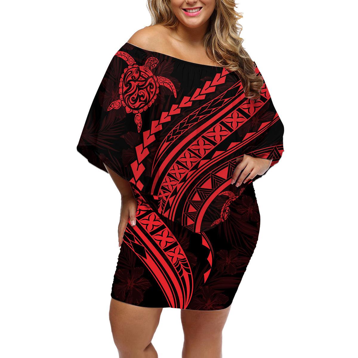 Polynesian Pride Off Shoulder Short Dress Turtle Hibiscus Luxury Style - Rose - Wonder Print Shop