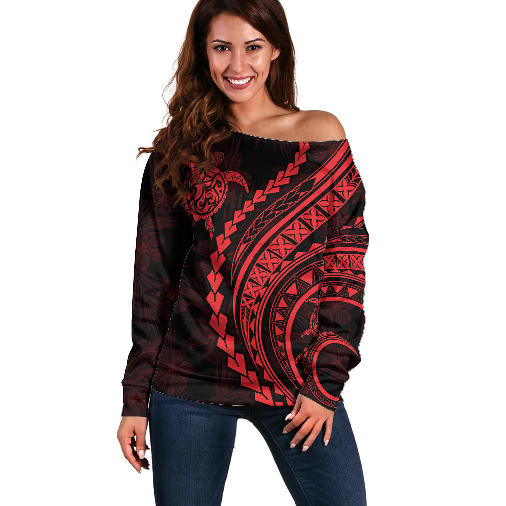 Polynesian Pride Off Shoulder Sweater Turtle Hibiscus Luxury Style - Rose - Wonder Print Shop