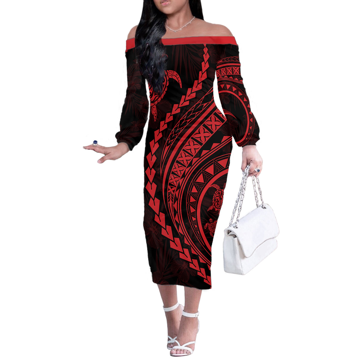 Polynesian Pride Off The Shoulder Long Sleeve Dress Turtle Hibiscus Luxury Style - Rose - Wonder Print Shop