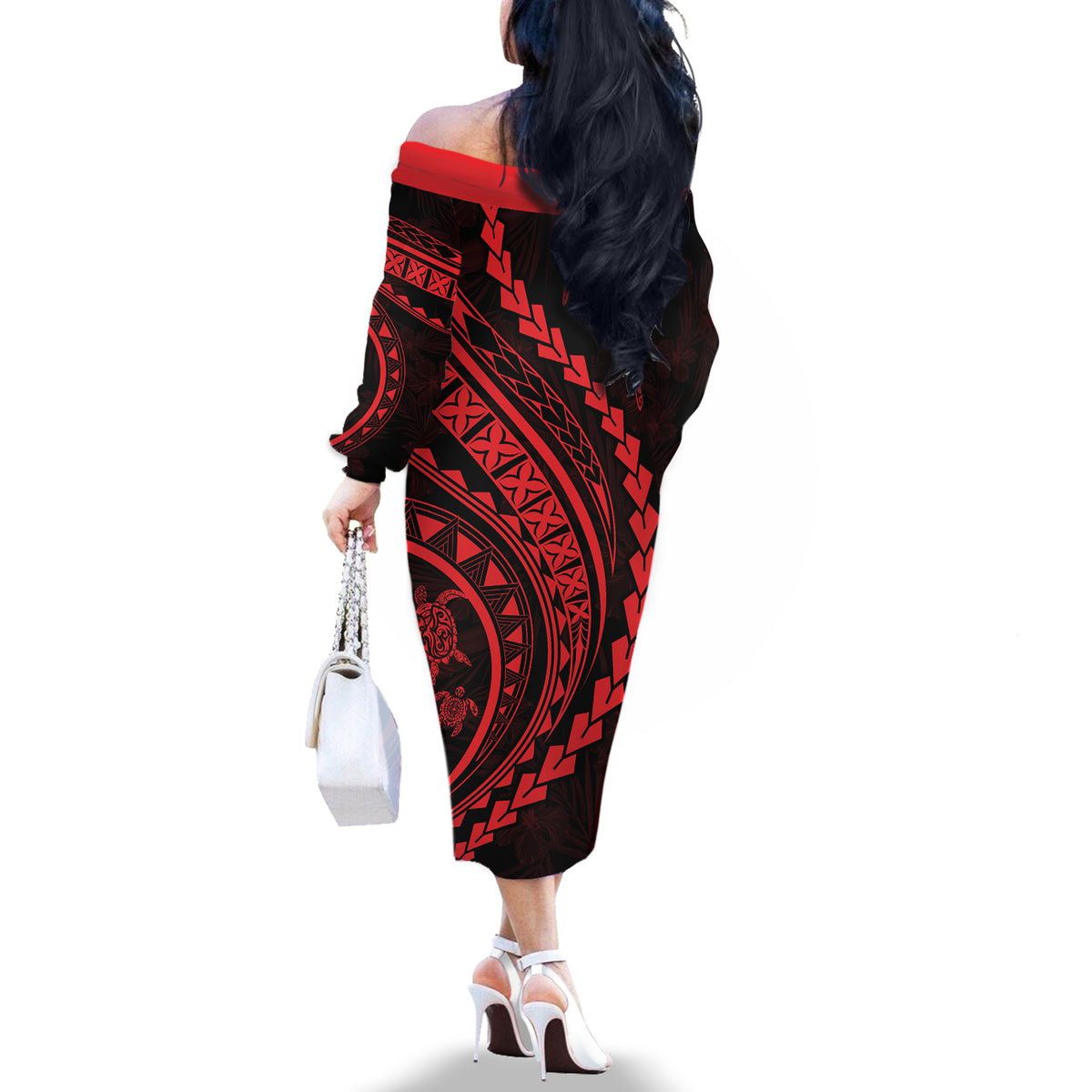 Polynesian Pride Off The Shoulder Long Sleeve Dress Turtle Hibiscus Luxury Style - Rose - Wonder Print Shop