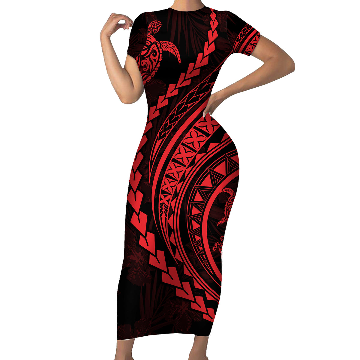 Polynesian Pride Short Sleeve Bodycon Dress Turtle Hibiscus Luxury Style - Rose - Wonder Print Shop