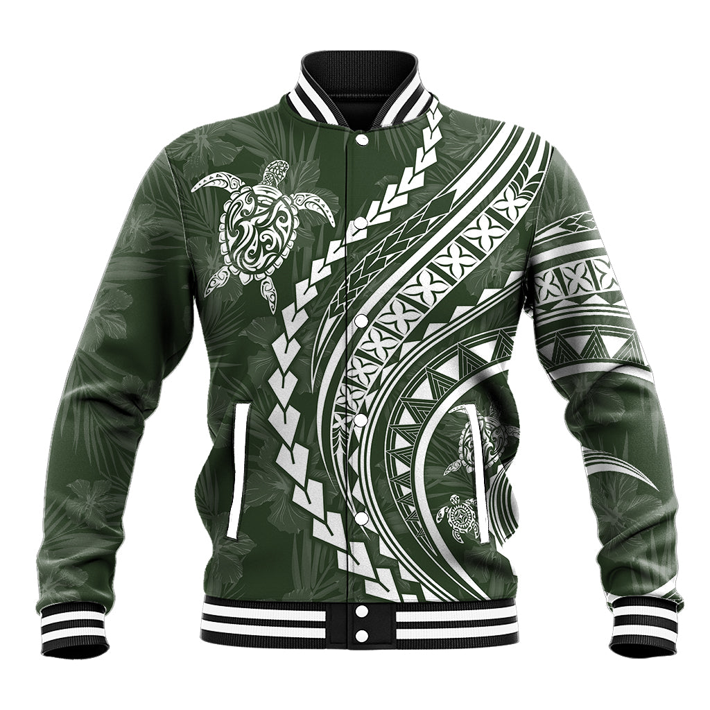 Polynesian Pride Baseball Jacket Turtle Hibiscus Luxury Style - Sage LT7 - Wonder Print Shop