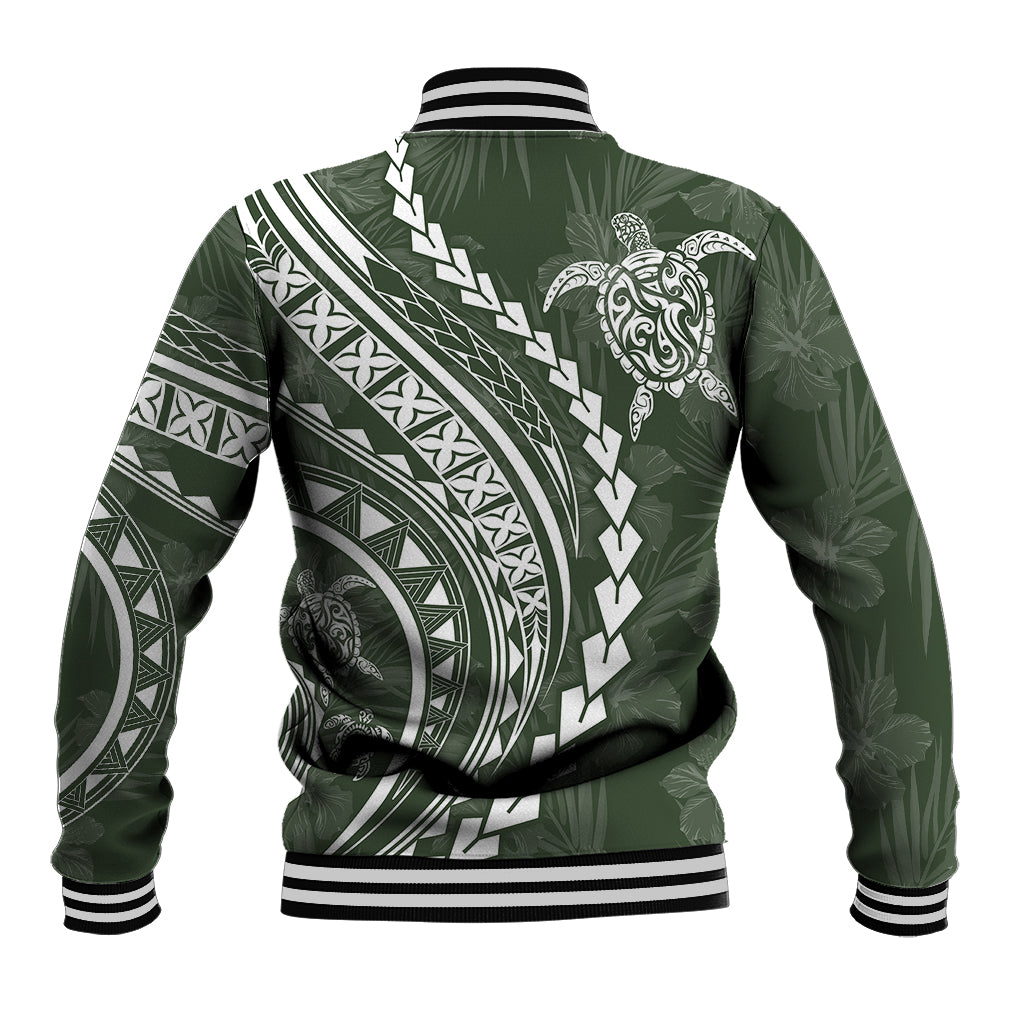Polynesian Pride Baseball Jacket Turtle Hibiscus Luxury Style - Sage LT7 - Wonder Print Shop