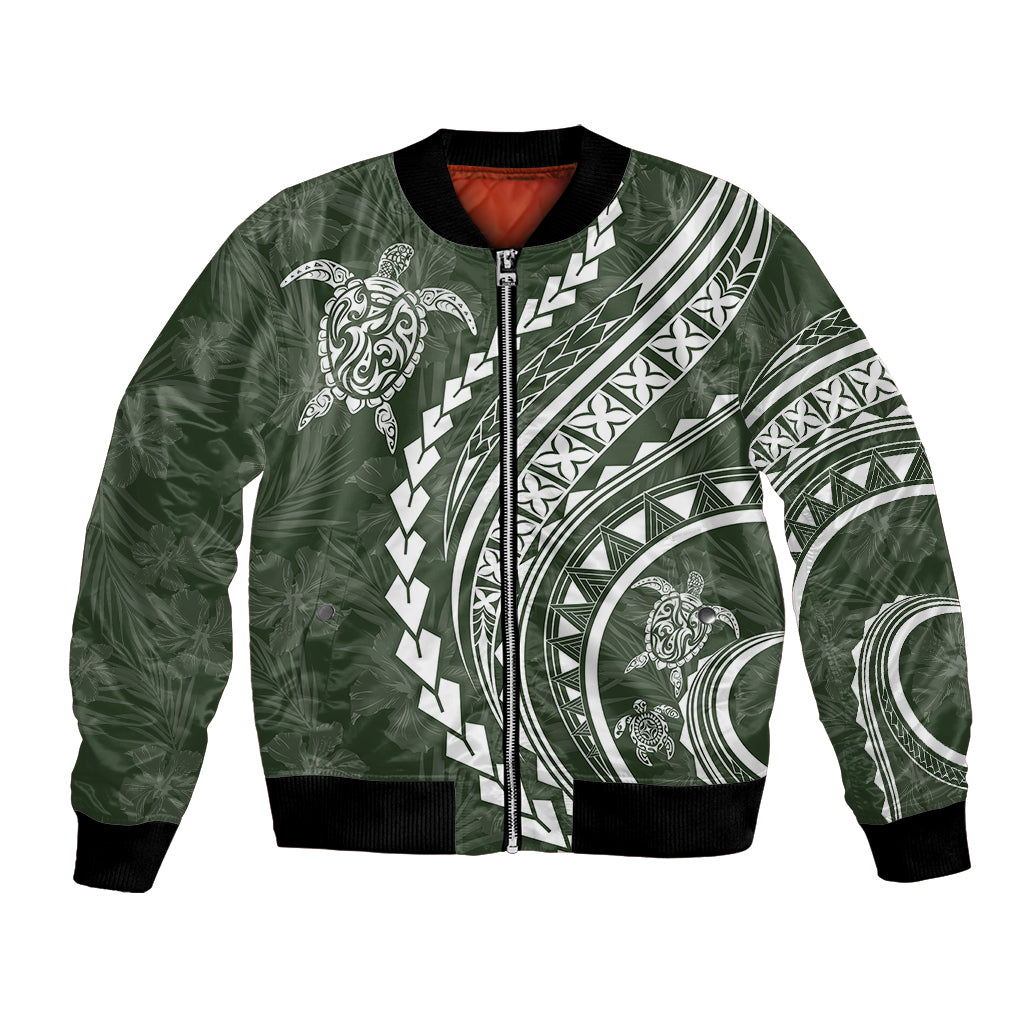 Polynesian Pride Bomber Jacket Turtle Hibiscus Luxury Style - Sage LT7 - Wonder Print Shop