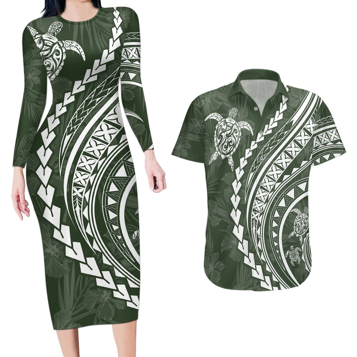 Polynesian Pride Couples Matching Long Sleeve Bodycon Dress and Hawaiian Shirt Turtle Hibiscus Luxury Style - Sage LT7 - Wonder Print Shop