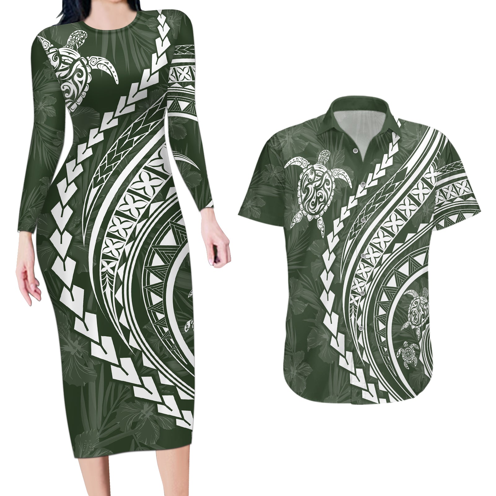 Polynesian Pride Couples Matching Long Sleeve Bodycon Dress and Hawaiian Shirt Turtle Hibiscus Luxury Style - Sage LT7 - Wonder Print Shop