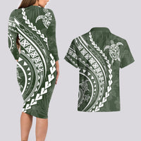 Polynesian Pride Couples Matching Long Sleeve Bodycon Dress and Hawaiian Shirt Turtle Hibiscus Luxury Style - Sage LT7 - Wonder Print Shop