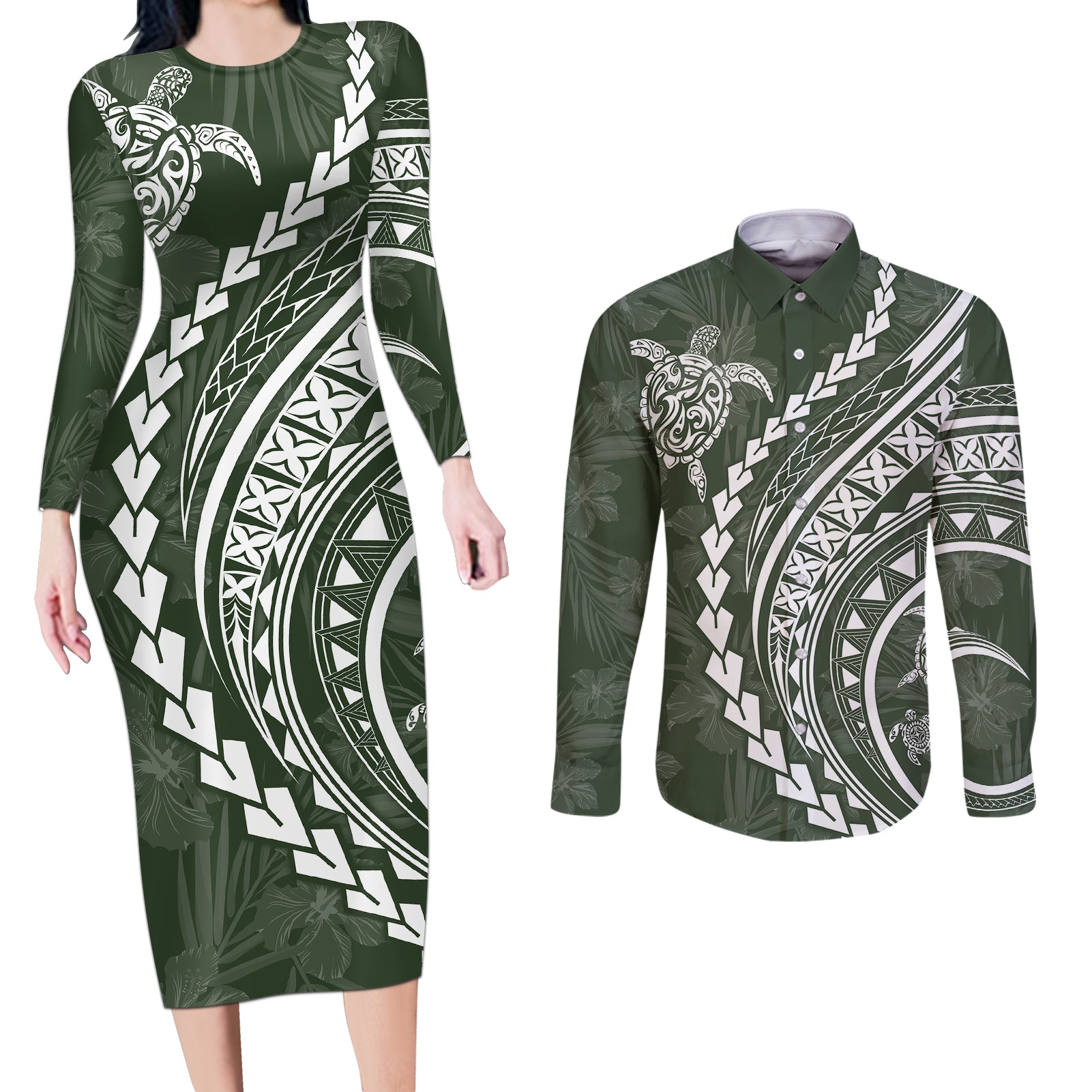 Polynesian Pride Couples Matching Long Sleeve Bodycon Dress and Long Sleeve Button Shirts Turtle Hibiscus Luxury Style - Sage LT7 - Wonder Print Shop