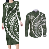 Polynesian Pride Couples Matching Long Sleeve Bodycon Dress and Long Sleeve Button Shirts Turtle Hibiscus Luxury Style - Sage LT7 - Wonder Print Shop