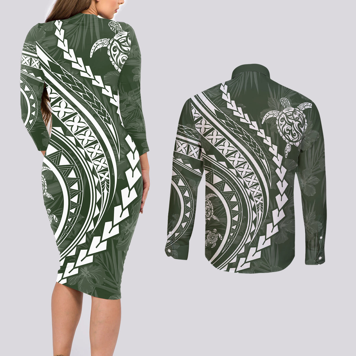 Polynesian Pride Couples Matching Long Sleeve Bodycon Dress and Long Sleeve Button Shirts Turtle Hibiscus Luxury Style - Sage LT7 - Wonder Print Shop