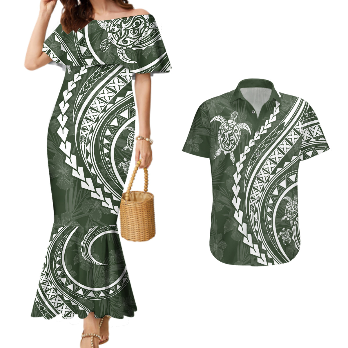 Polynesian Pride Couples Matching Mermaid Dress and Hawaiian Shirt Turtle Hibiscus Luxury Style - Sage LT7 - Wonder Print Shop