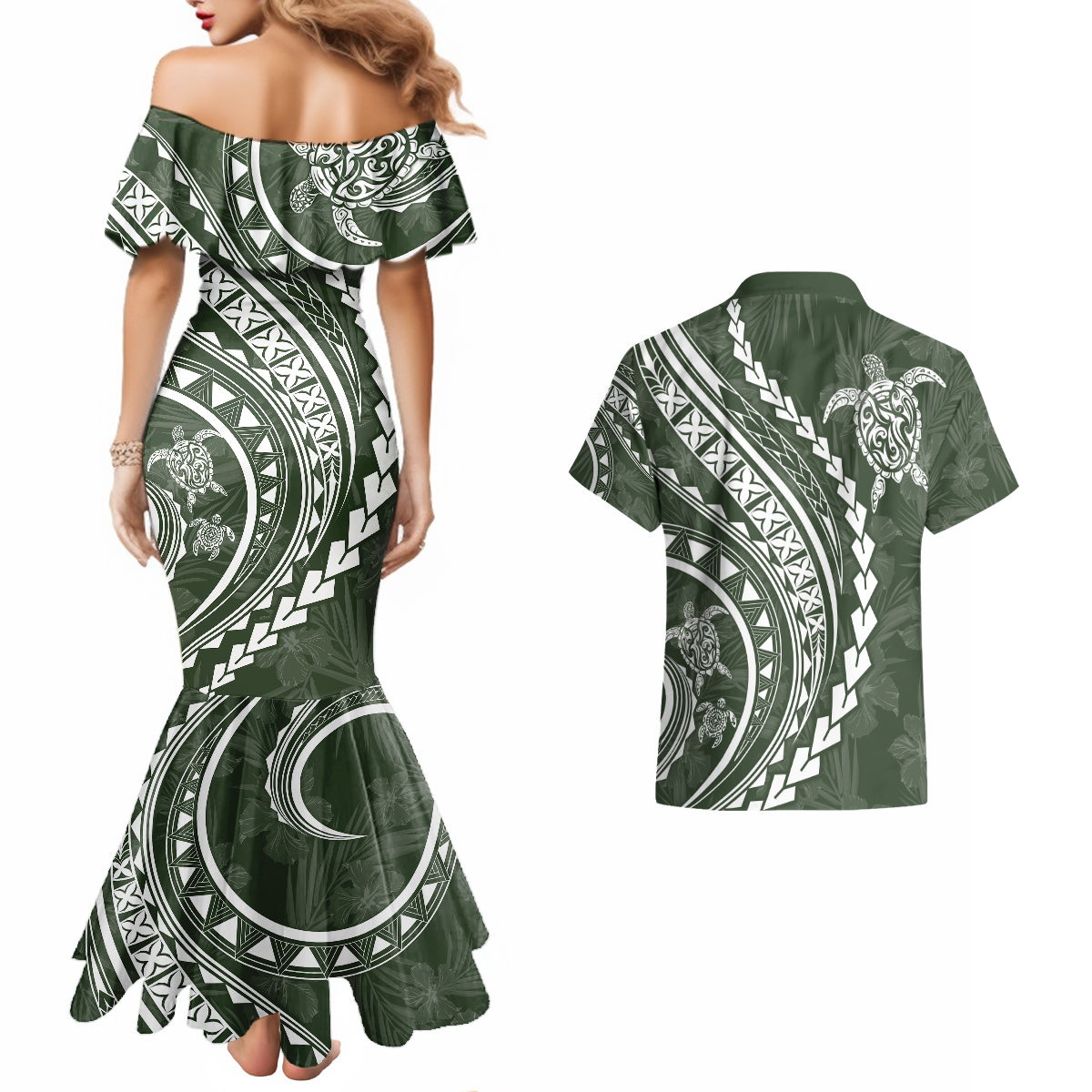 Polynesian Pride Couples Matching Mermaid Dress and Hawaiian Shirt Turtle Hibiscus Luxury Style - Sage LT7 - Wonder Print Shop