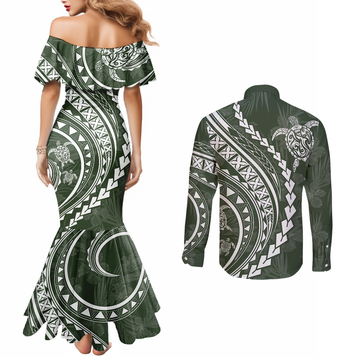 polynesian-pride-couples-matching-mermaid-dress-and-long-sleeve-button-shirts-turtle-hibiscus-luxury-style-sage