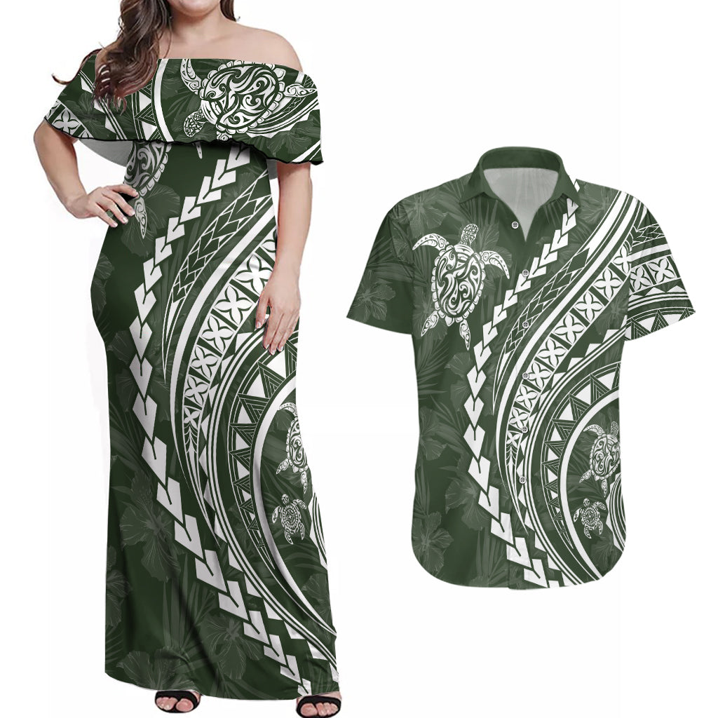 Polynesian Pride Couples Matching Off Shoulder Maxi Dress and Hawaiian Shirt Turtle Hibiscus Luxury Style - Sage LT7 - Wonder Print Shop