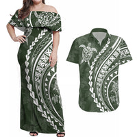 Polynesian Pride Couples Matching Off Shoulder Maxi Dress and Hawaiian Shirt Turtle Hibiscus Luxury Style - Sage LT7 - Wonder Print Shop