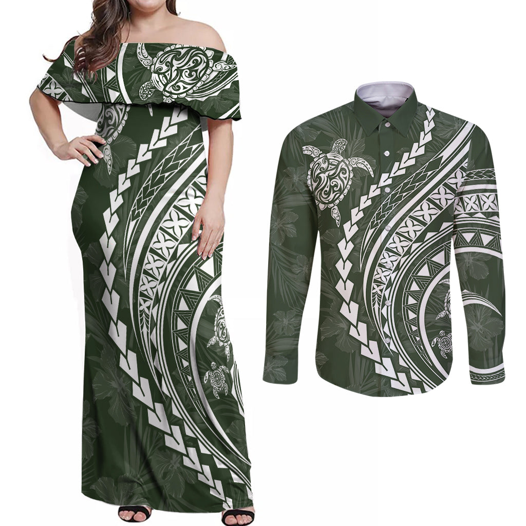 Polynesian Pride Couples Matching Off Shoulder Maxi Dress and Long Sleeve Button Shirts Turtle Hibiscus Luxury Style - Sage LT7 - Wonder Print Shop