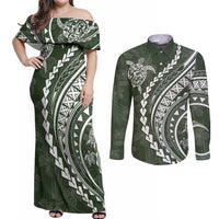 Polynesian Pride Couples Matching Off Shoulder Maxi Dress and Long Sleeve Button Shirts Turtle Hibiscus Luxury Style - Sage LT7 - Wonder Print Shop
