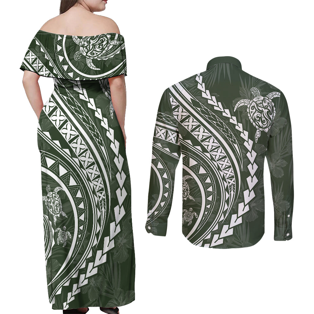 Polynesian Pride Couples Matching Off Shoulder Maxi Dress and Long Sleeve Button Shirts Turtle Hibiscus Luxury Style - Sage LT7 - Wonder Print Shop