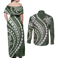 Polynesian Pride Couples Matching Off Shoulder Maxi Dress and Long Sleeve Button Shirts Turtle Hibiscus Luxury Style - Sage LT7 - Wonder Print Shop
