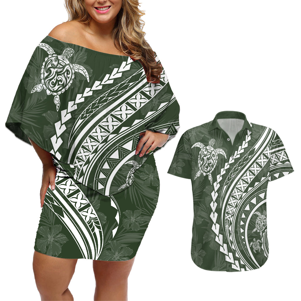 Polynesian Pride Couples Matching Off Shoulder Short Dress and Hawaiian Shirt Turtle Hibiscus Luxury Style - Sage LT7 - Wonder Print Shop