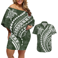 Polynesian Pride Couples Matching Off Shoulder Short Dress and Hawaiian Shirt Turtle Hibiscus Luxury Style - Sage LT7 - Wonder Print Shop