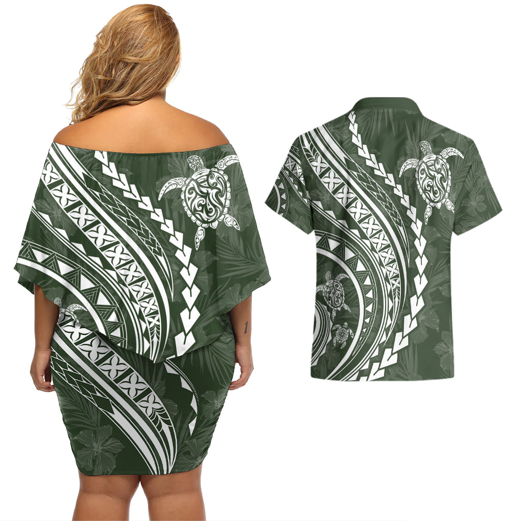 Polynesian Pride Couples Matching Off Shoulder Short Dress and Hawaiian Shirt Turtle Hibiscus Luxury Style - Sage LT7 - Wonder Print Shop