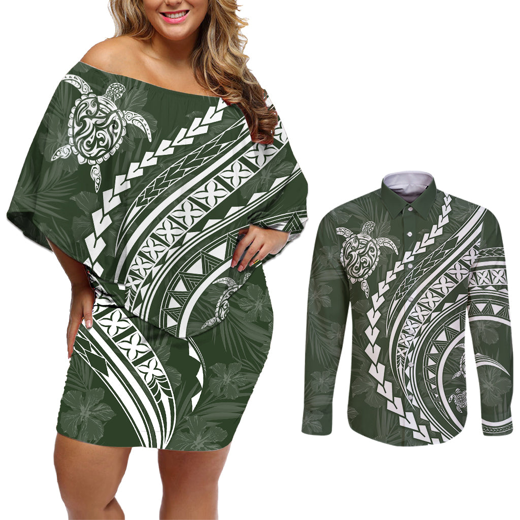 Polynesian Pride Couples Matching Off Shoulder Short Dress and Long Sleeve Button Shirts Turtle Hibiscus Luxury Style - Sage LT7 - Wonder Print Shop