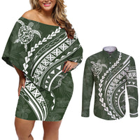 Polynesian Pride Couples Matching Off Shoulder Short Dress and Long Sleeve Button Shirts Turtle Hibiscus Luxury Style - Sage LT7 - Wonder Print Shop