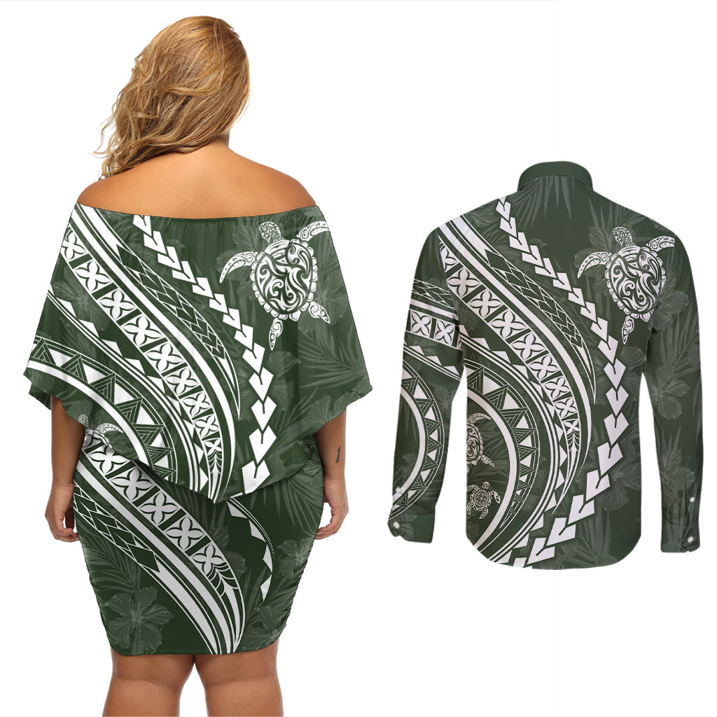 Polynesian Pride Couples Matching Off Shoulder Short Dress and Long Sleeve Button Shirts Turtle Hibiscus Luxury Style - Sage LT7 - Wonder Print Shop