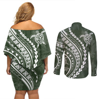 Polynesian Pride Couples Matching Off Shoulder Short Dress and Long Sleeve Button Shirts Turtle Hibiscus Luxury Style - Sage LT7 - Wonder Print Shop