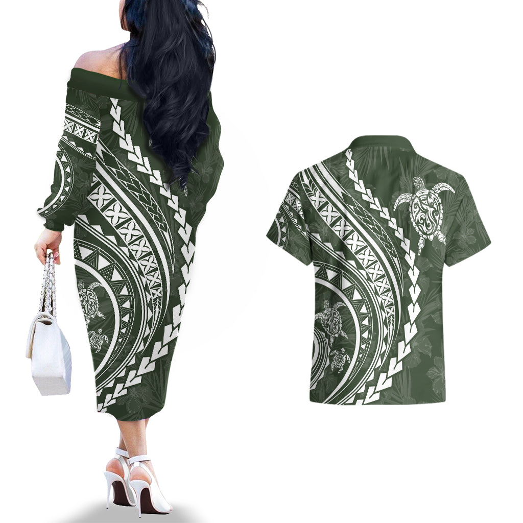 Polynesian Pride Couples Matching Off The Shoulder Long Sleeve Dress and Hawaiian Shirt Turtle Hibiscus Luxury Style - Sage LT7 - Wonder Print Shop
