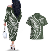 Polynesian Pride Couples Matching Off The Shoulder Long Sleeve Dress and Hawaiian Shirt Turtle Hibiscus Luxury Style - Sage LT7 - Wonder Print Shop